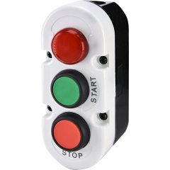 Pogu kārba ar trīskāršu spiedpogu un LED indikāciju 240V/zaļas-start-1NO/sarkanas-stop-1NC