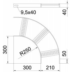 90° līkums ar trapecveida spraišļiem B210mm, Alu, GB