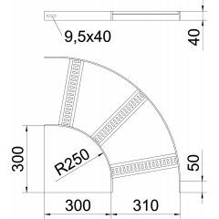 90° līkums ar trapecveida spraišļiem B310mm, Alu, GB