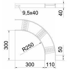 90° līkums ar trapecveida spraišļiem B110mm, Alu, GB