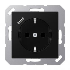 Kontaktligzda SCHUKO 16 A 250 V ~, USB pieslēgvieta 1 x Typ C, ar bērnu drošību, Serie A, grafītmelns matēts