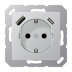 Kontaktligzda SCHUKO 16 A 250 V ~, USB pieslēgvieta 1 x Typ A + 1 x Typ C, ar bērnu drošību, Serie A, alumīnijs