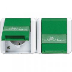 Kontaktligzda dubultā SCHUKO, 4 kabeļu ievadi 16 A 250 V ~ ar simbolu, marķējams, ar vāciņu, horizontāla montāža,