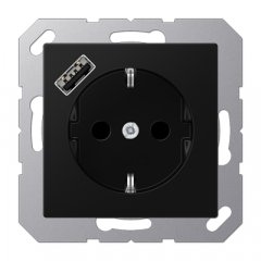 Kontaktligzda SCHUKO 16 A 250 V ~, USB pieslēgvieta 1 x Typ A, ar bērnu drošību, Serie A, grafītmelns matēts