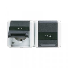 Kontaktligzda dubultā SCHUKO, 5 kabeļu ievadi 16 A 250 V ~, marķējams, ar vāciņu, horizontāla montāža, IP 44, WG 800