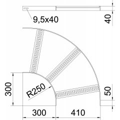 90° līkums ar trapecveida spraišļiem B410mm, Alu, GB