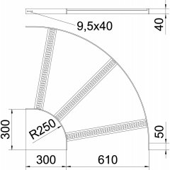 90° līkums ar trapecveida spraišļiem B610mm, Alu, GB