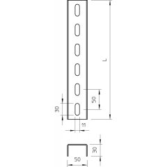 U profils 3-pusēji perforēts 50x30x6000, St, FT