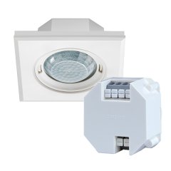 Design presence detector, DALI, in set with DALI bus power supply, range 8 m in Ø, 1 channel, flush mounted, ceiling flush mounting, square, white