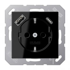 Kontaktligzda SCHUKO 16 A 250 V ~, USB pieslēgvieta 1 x Typ A + 1 x Typ C, ar bērnu drošību, Serie A, melns