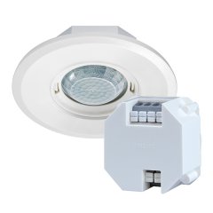 Design presence detector, DALI, in set with DALI bus power supply, range 8 m in Ø, 1 channel, flush mounted, ceiling flush mounting, round, white