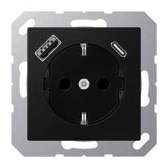 Kontaktligzda SCHUKO 16 A 250 V ~, USB pieslēgvieta 1 x Typ A + 1 x Typ C, ar bērnu drošību, Serie A, graphitschwarz matt