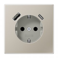 Kontaktligzda SCHUKO 16 A 250 V ~, USB pieslēgvieta 1 x Typ A + 1 x Typ C, ar bērnu drošību, Serie LS, krāsa nerūsējošais tērauds