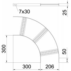 90° līkums ar trapecveida spraišļiem B206mm, Alu, GB