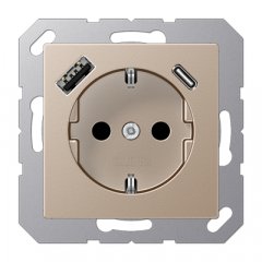 Kontaktligzda SCHUKO 16 A 250 V ~, USB pieslēgvieta 1 x Typ A + 1 x Typ C, ar bērnu drošību, Serie A, šampanieša krāsā