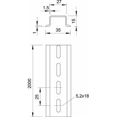 DIN sliede perforēta, 1.5 mm bieza 2000x35x15, St, GTP