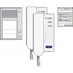 Audio namruņa komplekts ar uz virsmas uzstādāmu ārējo bloku ar diviem durvju zvaniem, barošanas bloku un diviem iekšējiem blokiem