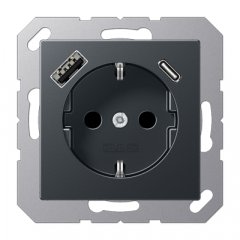 Kontaktligzda SCHUKO 16 A 250 V ~, USB pieslēgvieta 1 x Typ A + 1 x Typ C, ar bērnu drošību, Serie A, anthrazit matt
