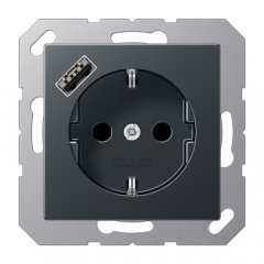 Kontaktligzda SCHUKO 16 A 250 V ~, USB pieslēgvieta 1 x Typ A, ar bērnu drošību, Serie A, anthrazit matt